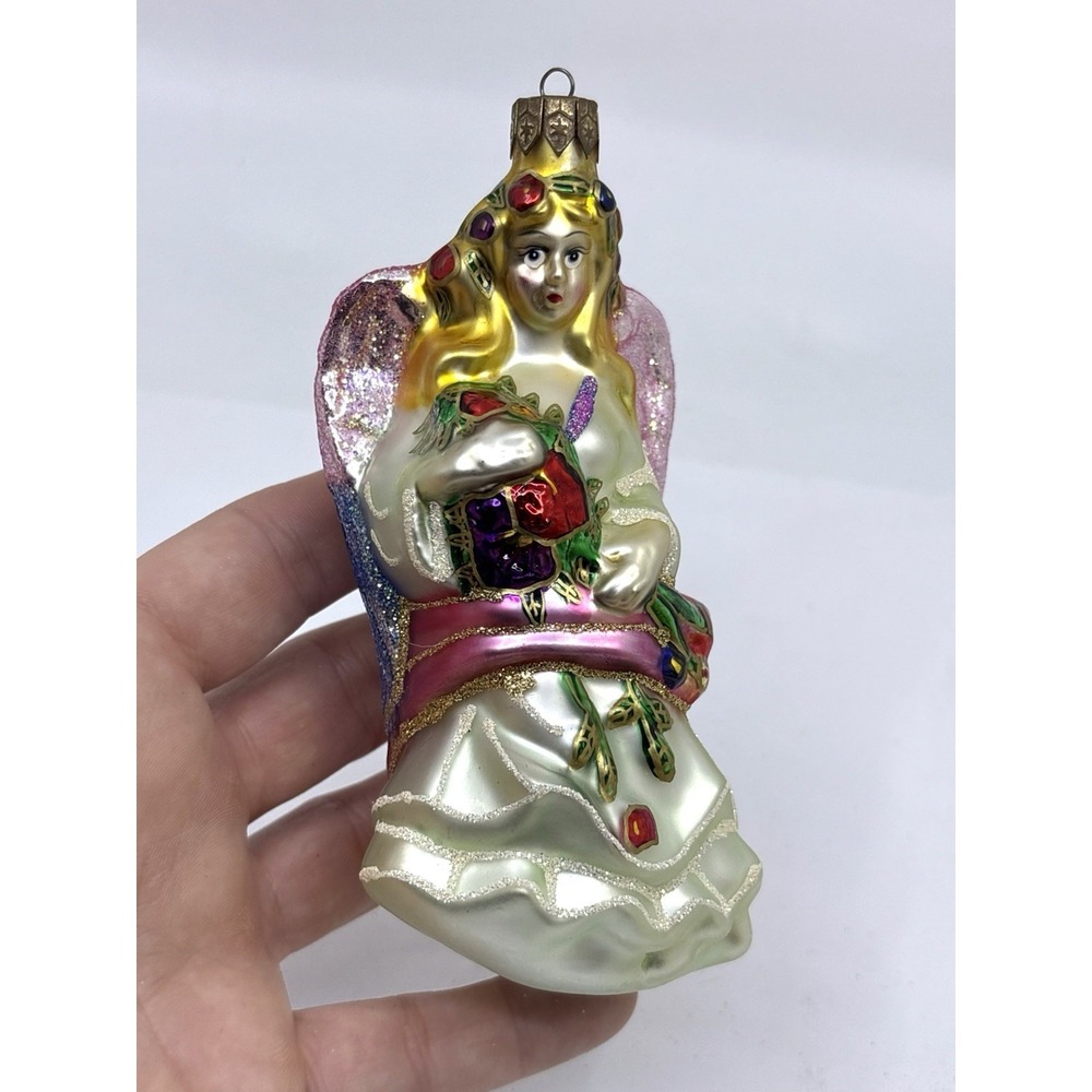 Vtg Angel Colorful Hand Blown Glass Ornament  Christmas Pink Wings